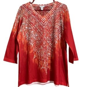 Zenergy by Chico’s Red Orange Detailed Casual Boho Summer Top Sz-L